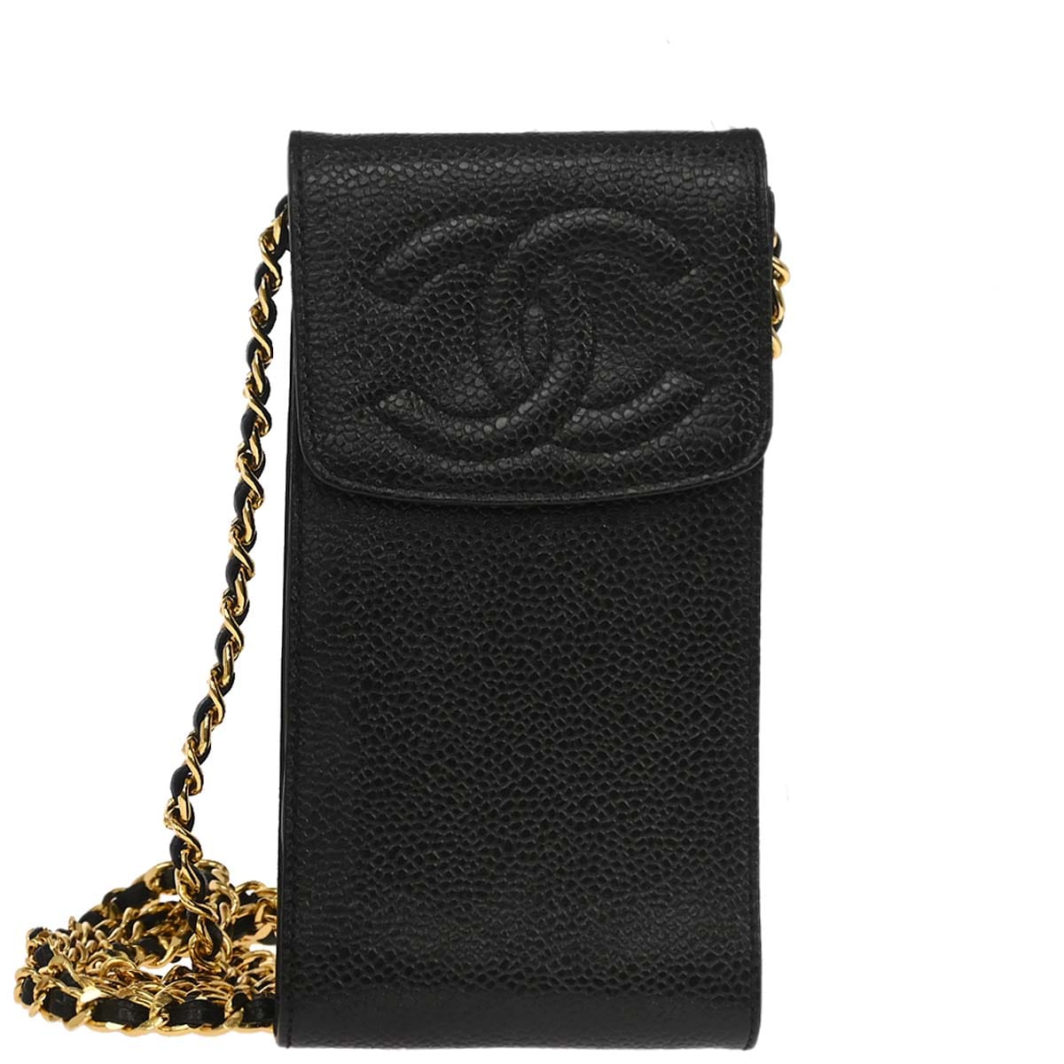 Chanel 1996 - 1997 Black Caviar Skin Chain Shoulder Bag Pochette Phone Case
