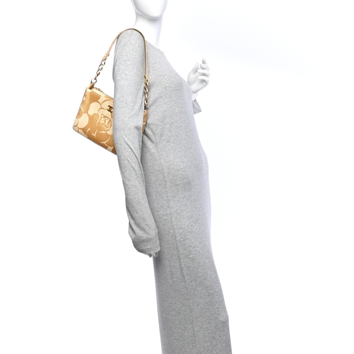 Chanel Woven Straw Camellia Print Shoulder Bag Gold