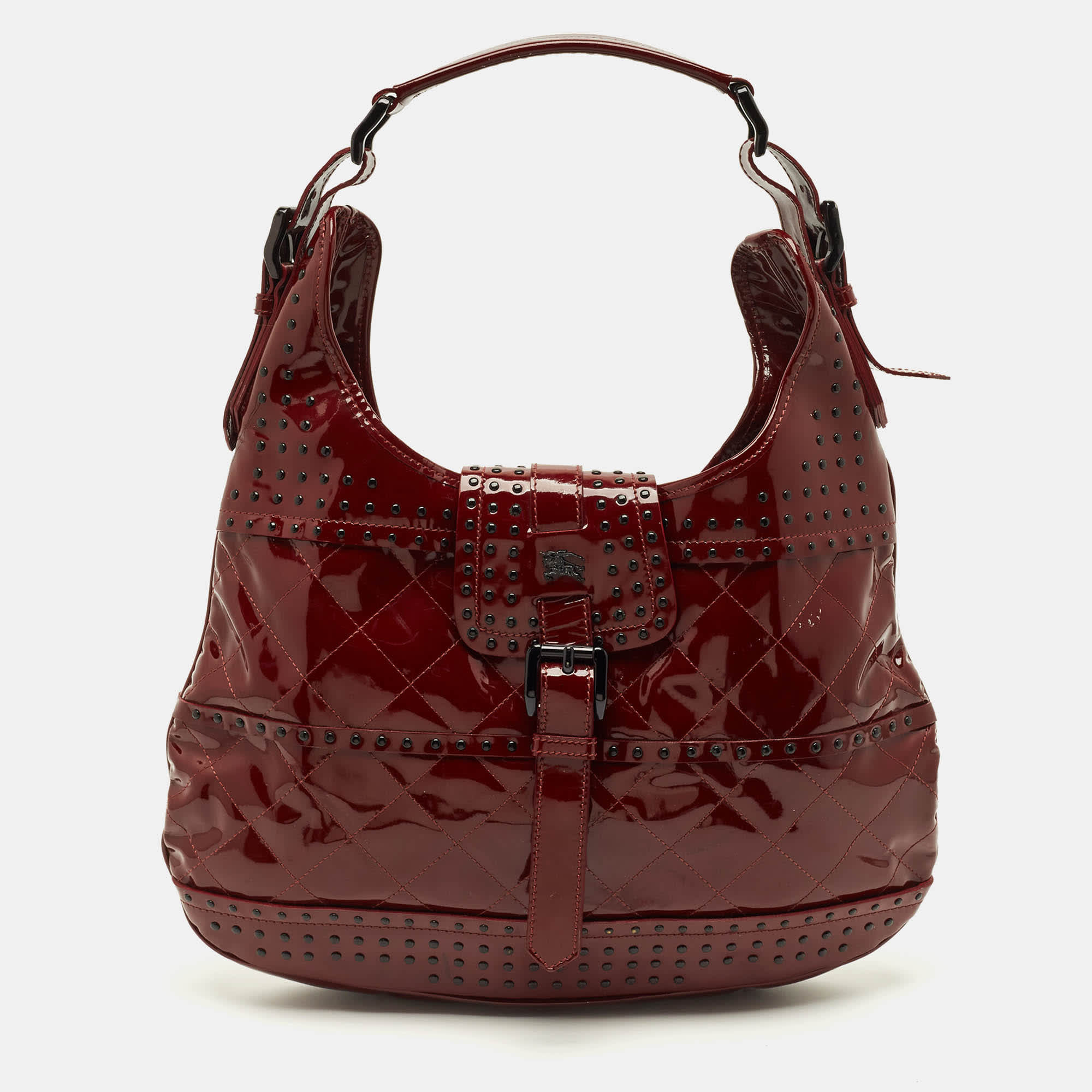 Burberry Brooke Red Quilted Studded Patent Leather Hobo