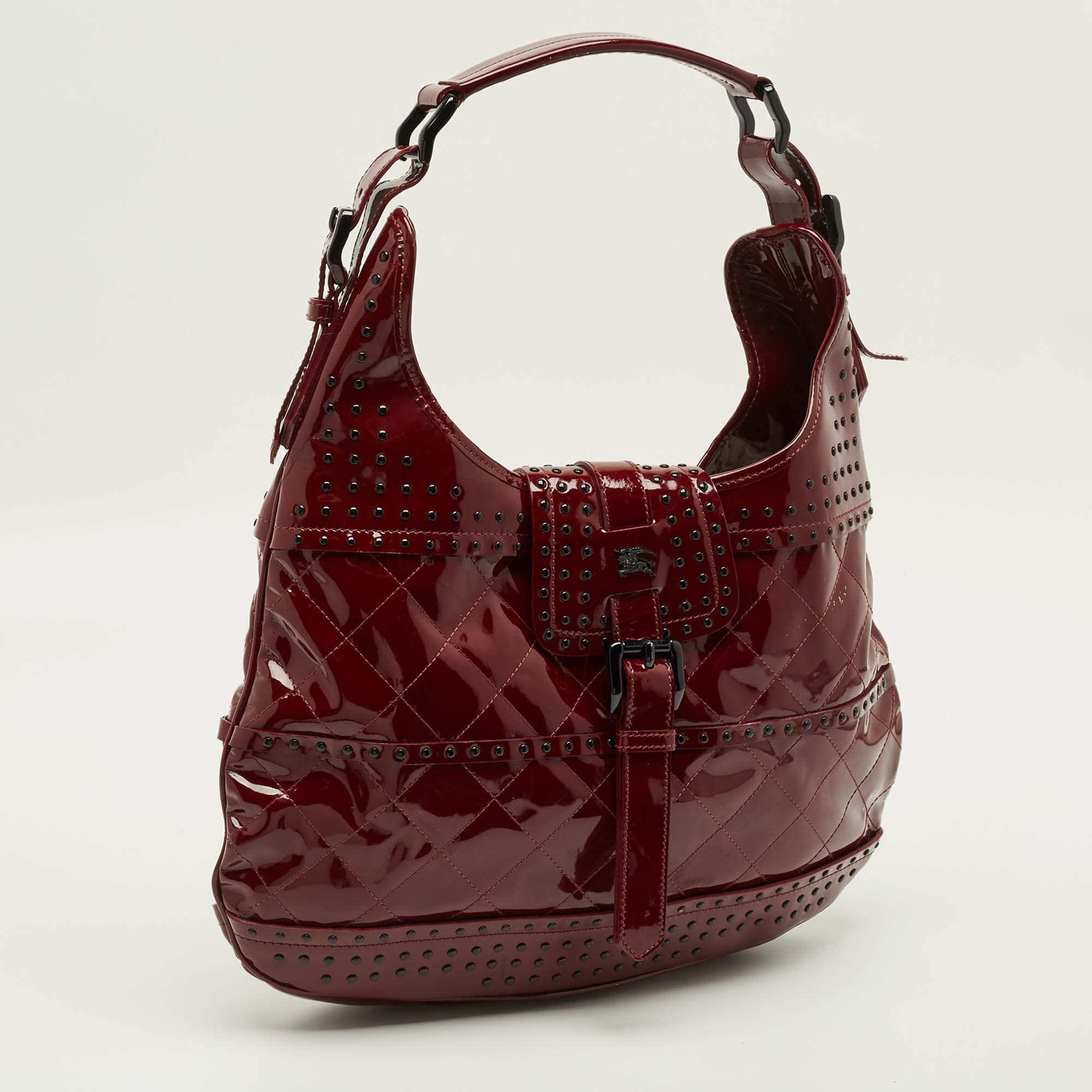 Burberry Brooke Red Quilted Studded Patent Leather Hobo