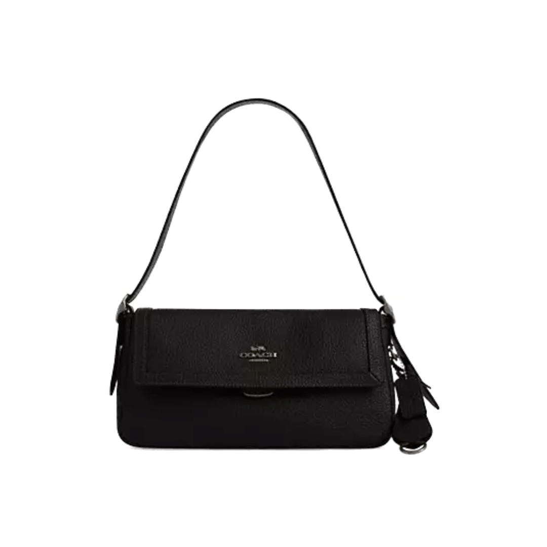 Coach Etta Small Flap Shoulder Bag pebbled leather Gunmetal Black