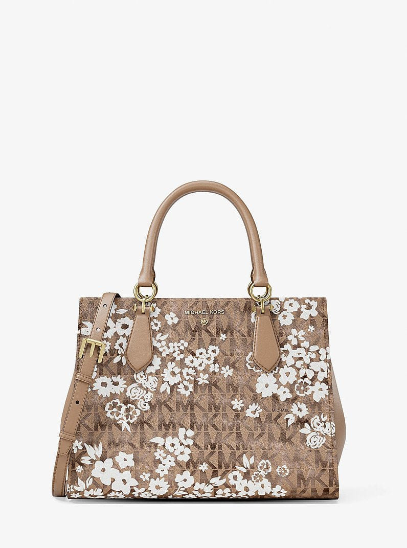 Michael Kors Marilyn Medium Printed Signature Logo Satchel Camel