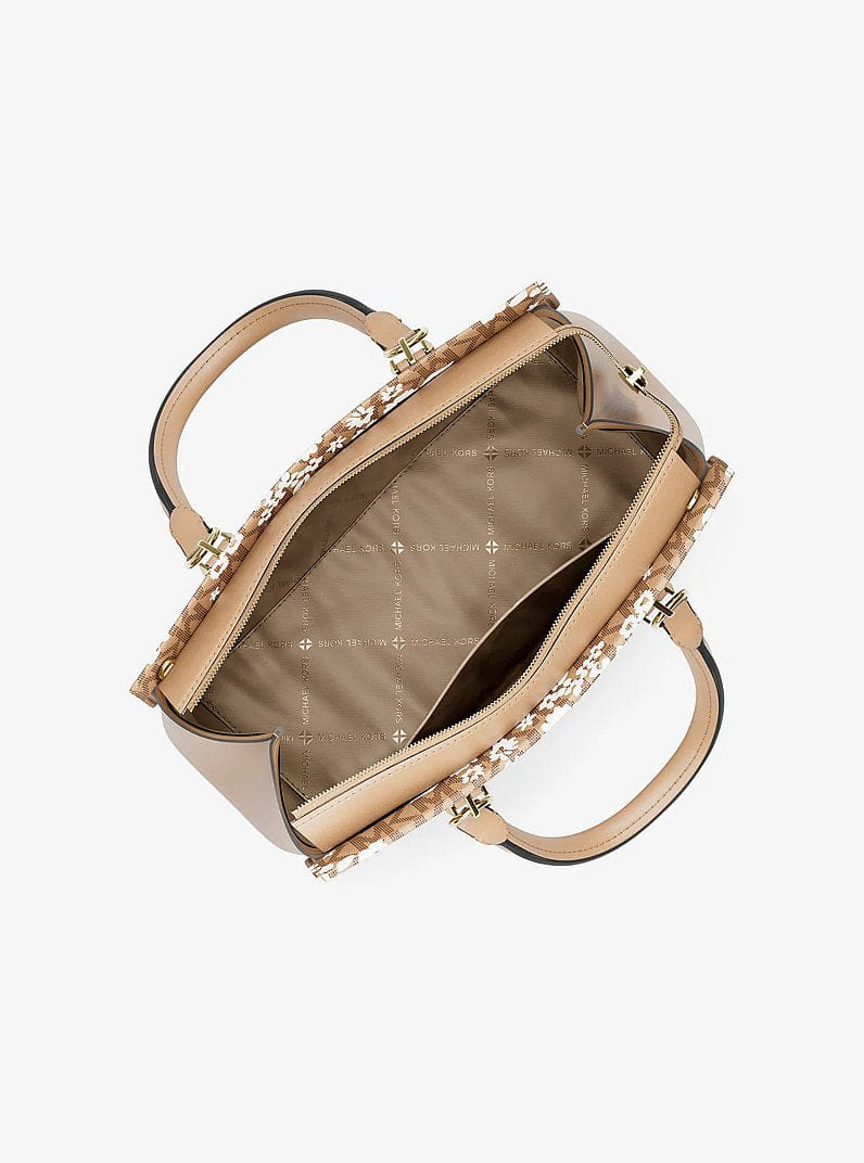 Michael Kors Marilyn Medium Printed Signature Logo Satchel Camel