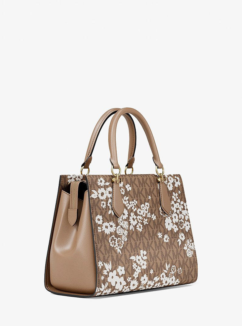 Michael Kors Marilyn Medium Printed Signature Logo Satchel Camel