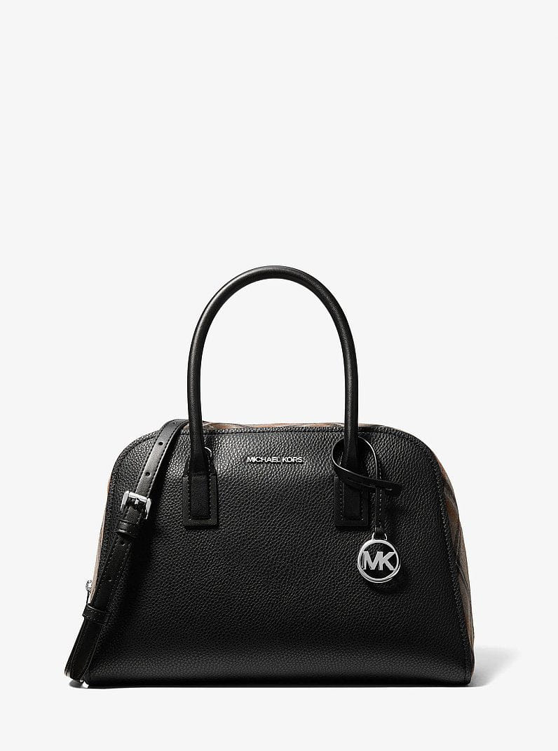 Michael Kors Ashton Medium Smooth And Plaid Wool Blend Satchel Black