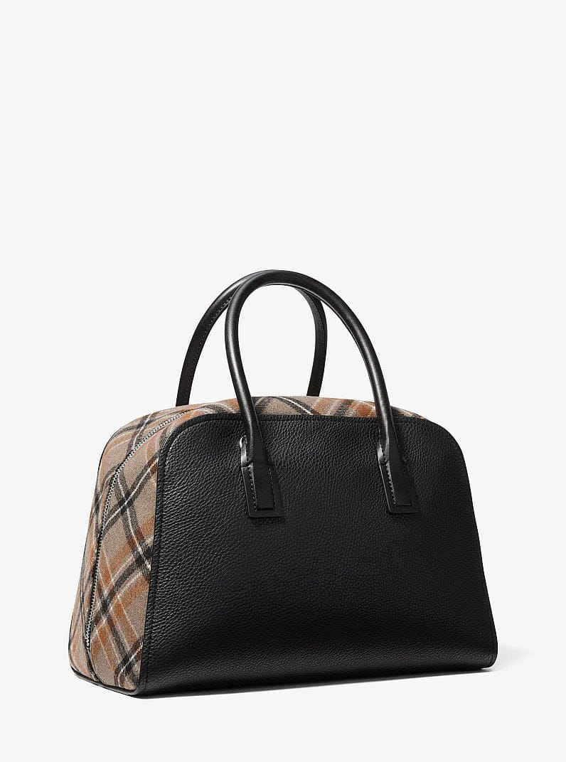 Michael Kors Ashton Medium Smooth And Plaid Wool Blend Satchel Black