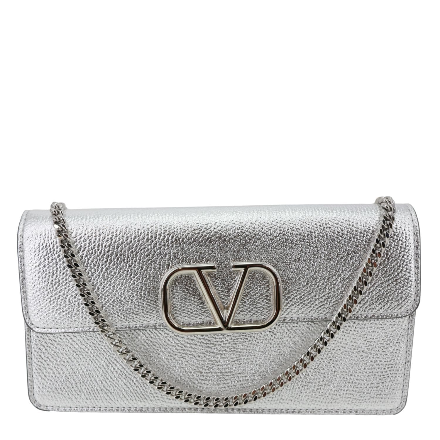 VALENTINO VLogo Metallic Leather Wallet On Chain Silver