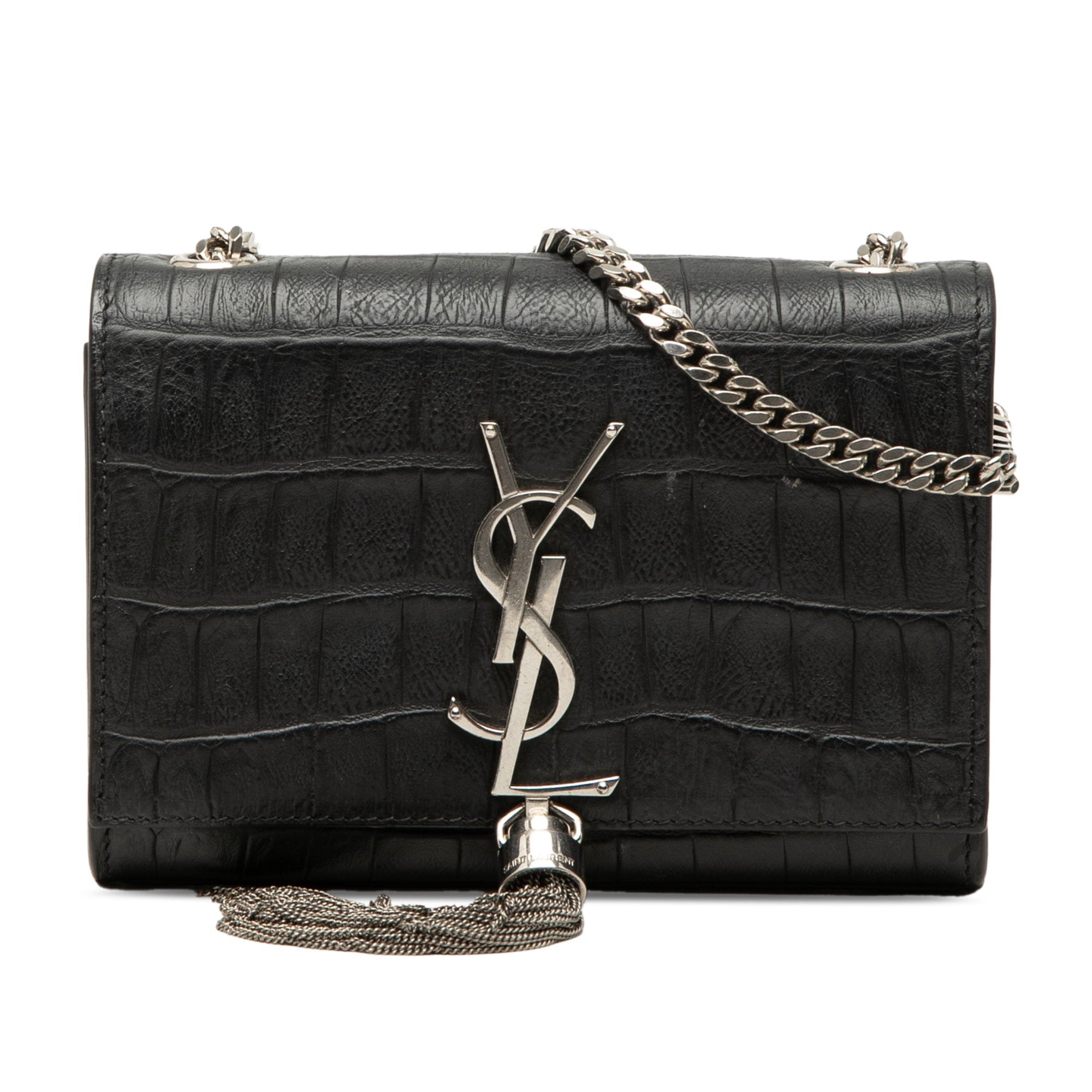 Saint Laurent Small Croc Embossed Leather Monogram Kate Tassel Crossbody