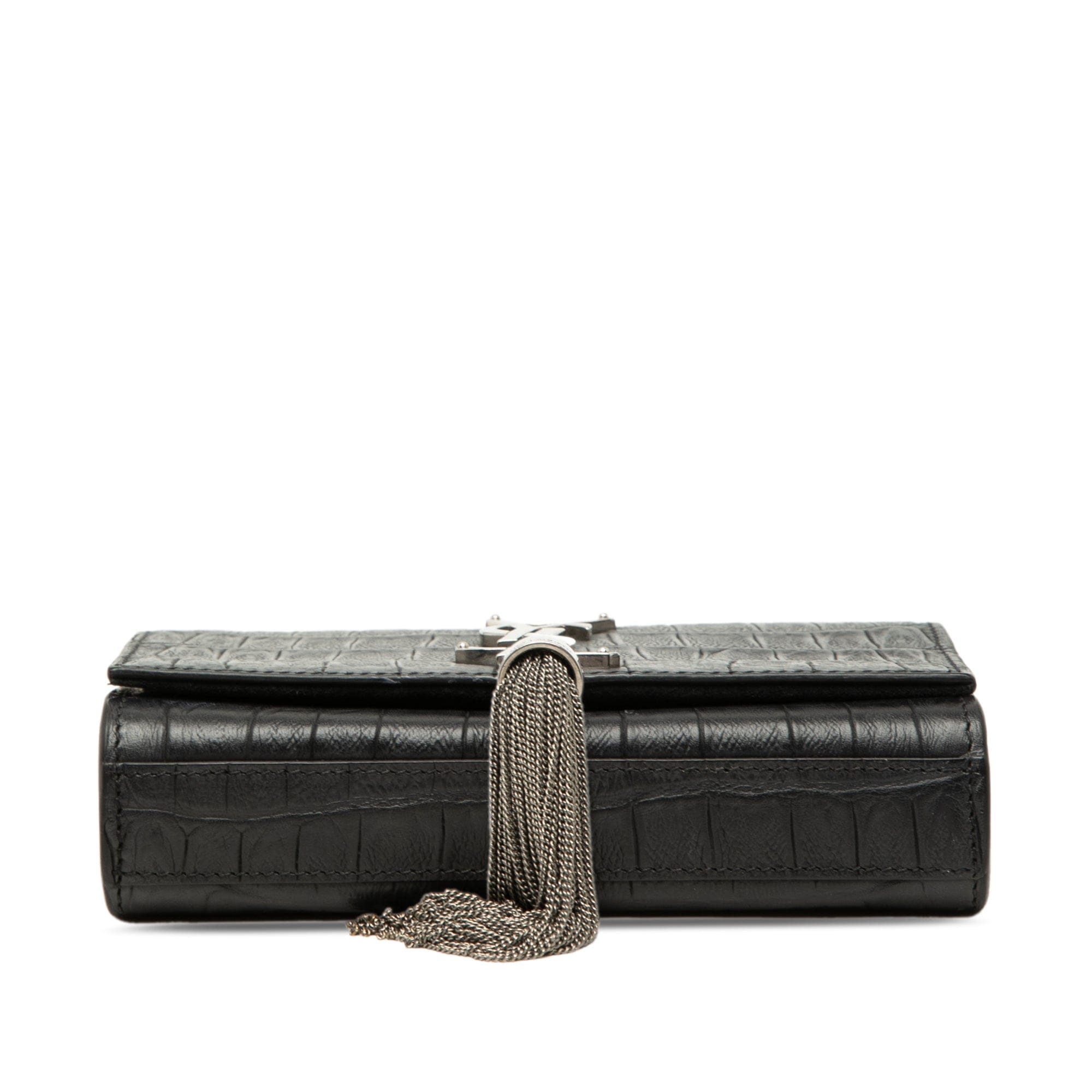 Saint Laurent Small Croc Embossed Leather Monogram Kate Tassel Crossbody