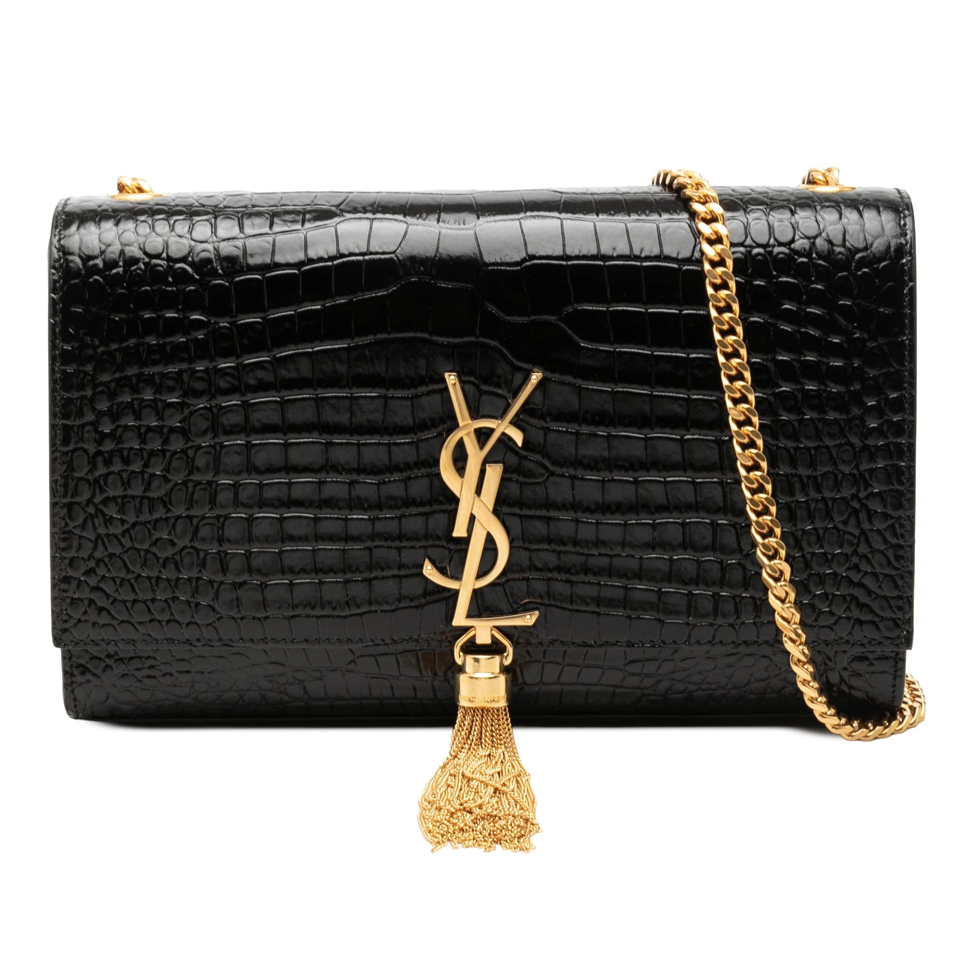 Saint Laurent Medium Croc Embossed Patent Monogram Kate Tassel Crossbody