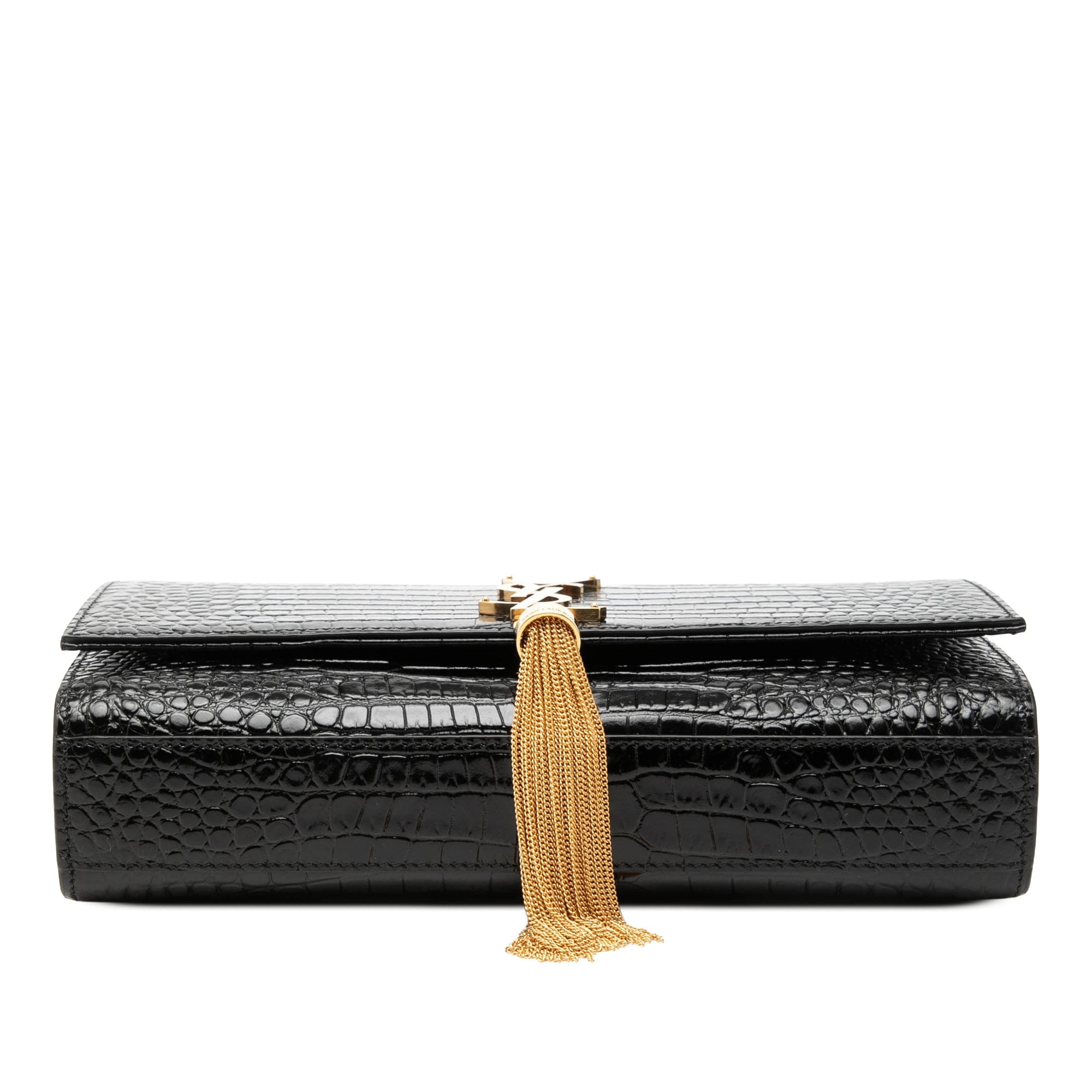Saint Laurent Medium Croc Embossed Patent Monogram Kate Tassel Crossbody