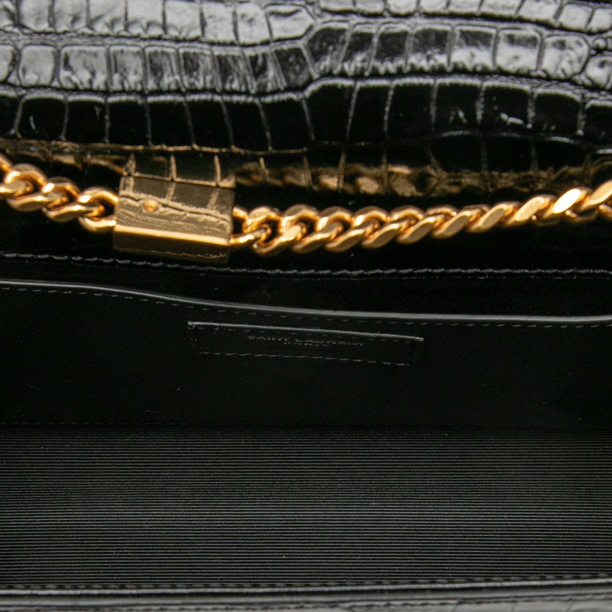 Saint Laurent Medium Croc Embossed Patent Monogram Kate Tassel Crossbody