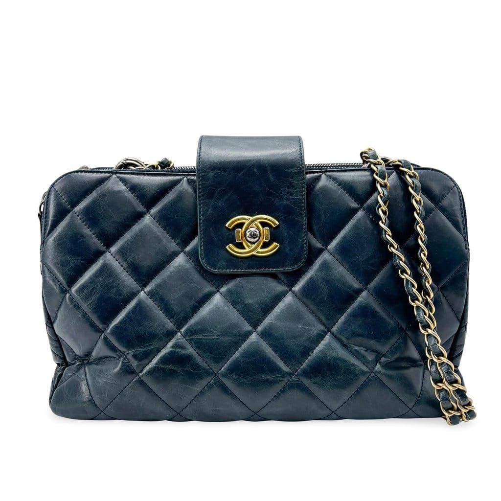 Chanel Vintage Lambskin Frame Chain Shoulder Bag Navy Gold Hardware