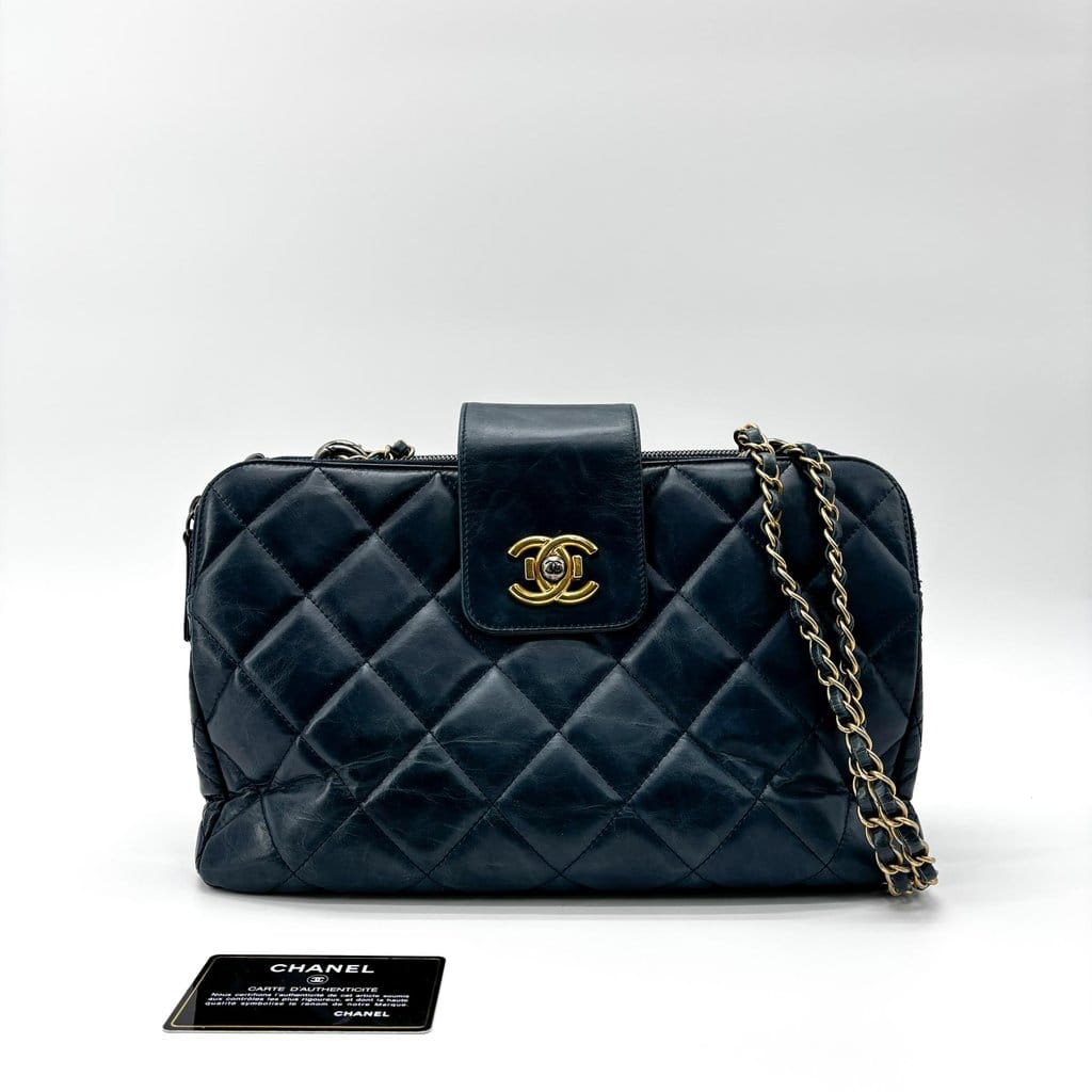 Chanel Vintage Lambskin Frame Chain Shoulder Bag Navy Gold Hardware