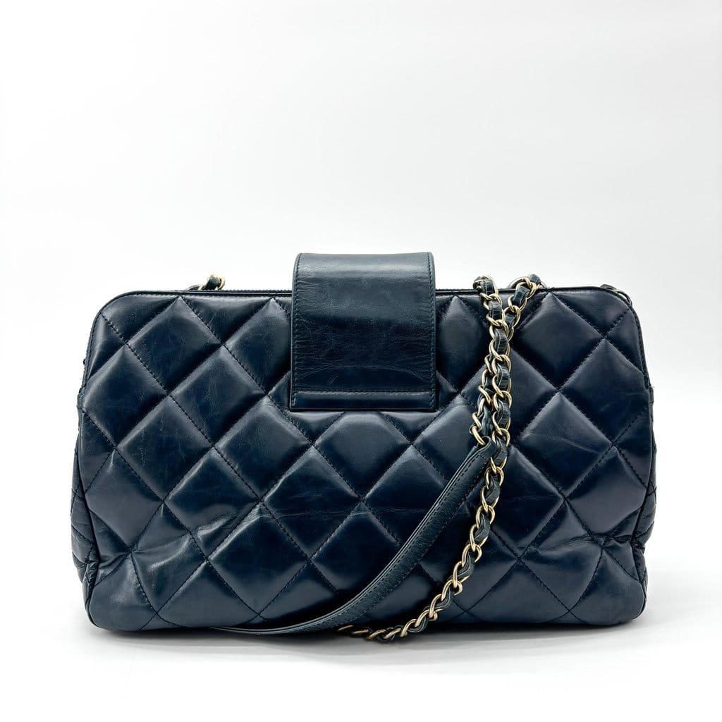 Chanel Vintage Lambskin Frame Chain Shoulder Bag Navy Gold Hardware