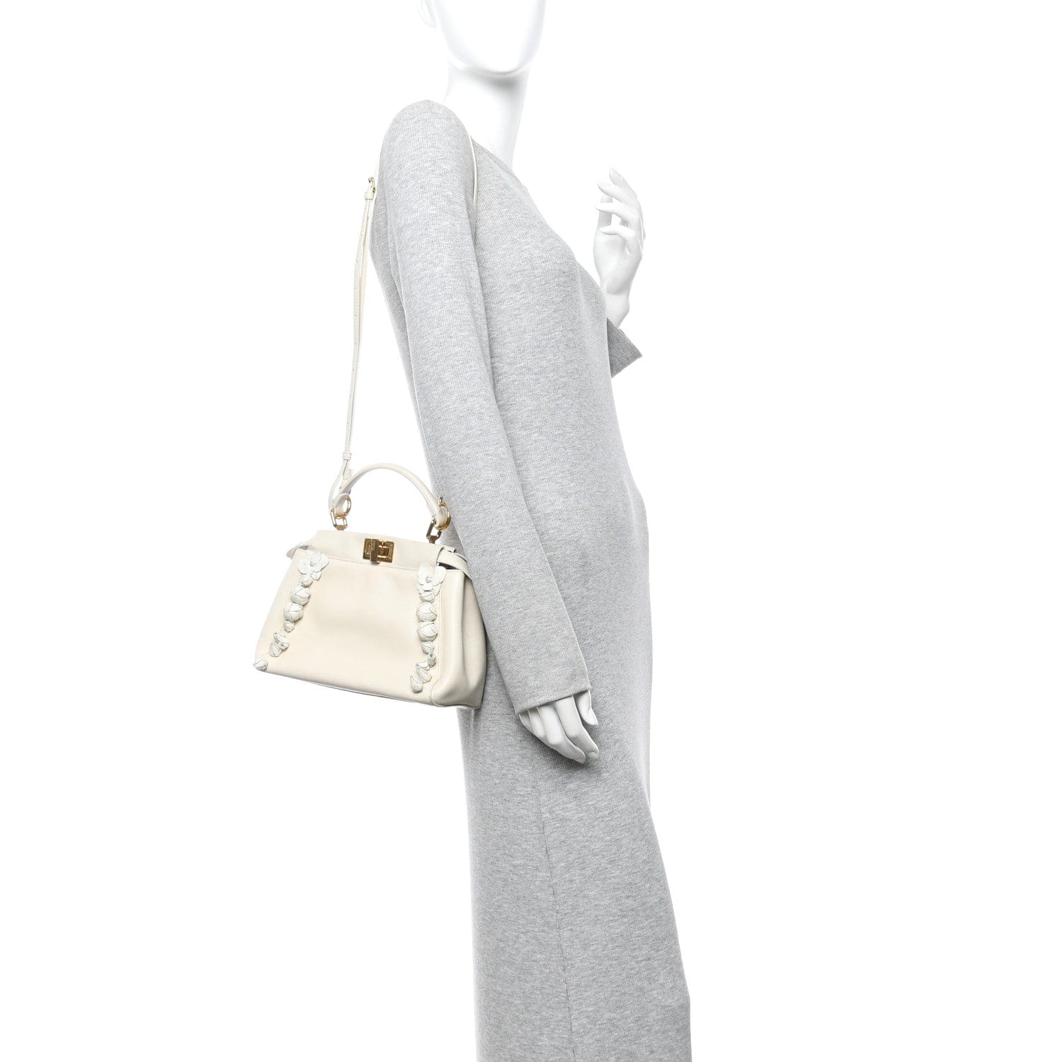 Fendi Nappa Rosebud Mini Peekaboo Iconic Satchel Bianco