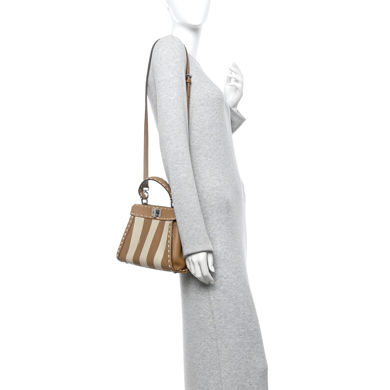 Fendi Cuoio Romano Canvas Pequin Striped Selleria Mini Peekaboo Iconic Satchel Beige Sand