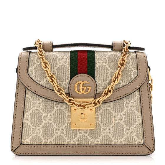 Gucci GG Supreme Monogram Textured Dollar Calfskin Web Mini Ophidia Padlock Top Handle Chain Shoulder Bag Beige Mystic White Oatmeal