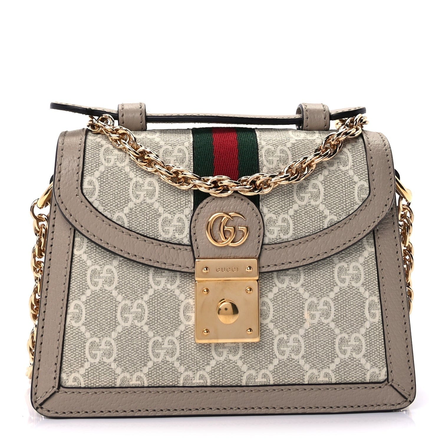 Gucci GG Supreme Monogram Textured Dollar Calfskin Web Mini Ophidia Padlock Top Handle Chain Shoulder Bag Beige Mystic White Oatmeal