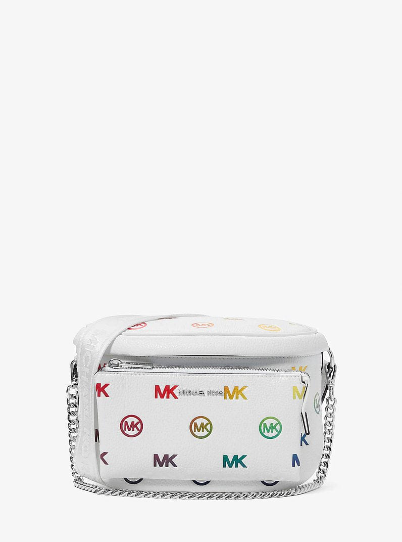 Michael Kors Slater Medium Rainbow Logo Embossed Sling Pack Optic White