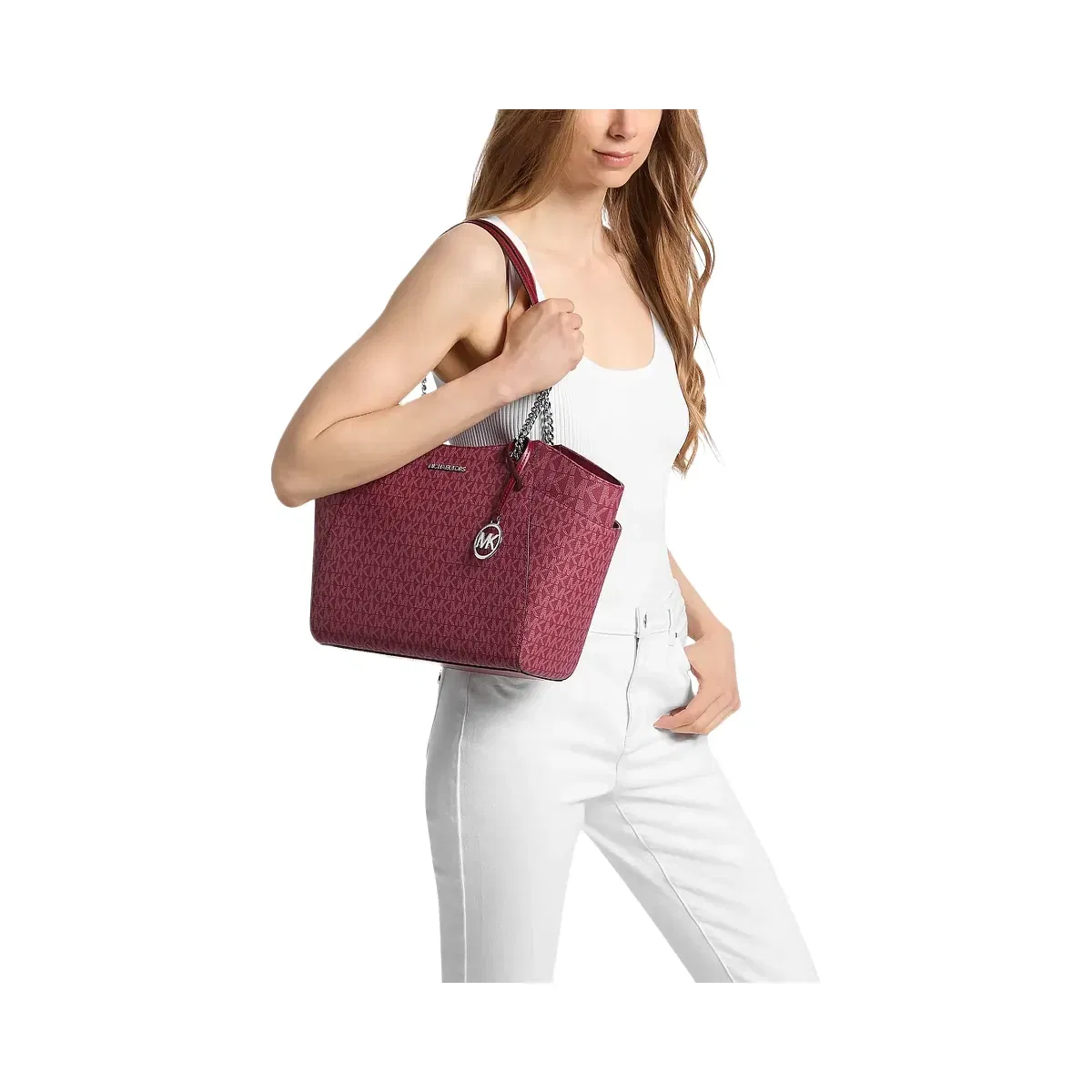 Michael Kors Jet Set Large Signature Logo Shoulder Bag Maroon