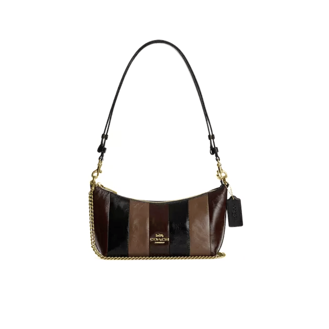 Coach Caitlin Shoulder Bag With Striped Patchwork crinkle leather Gold Black Multi