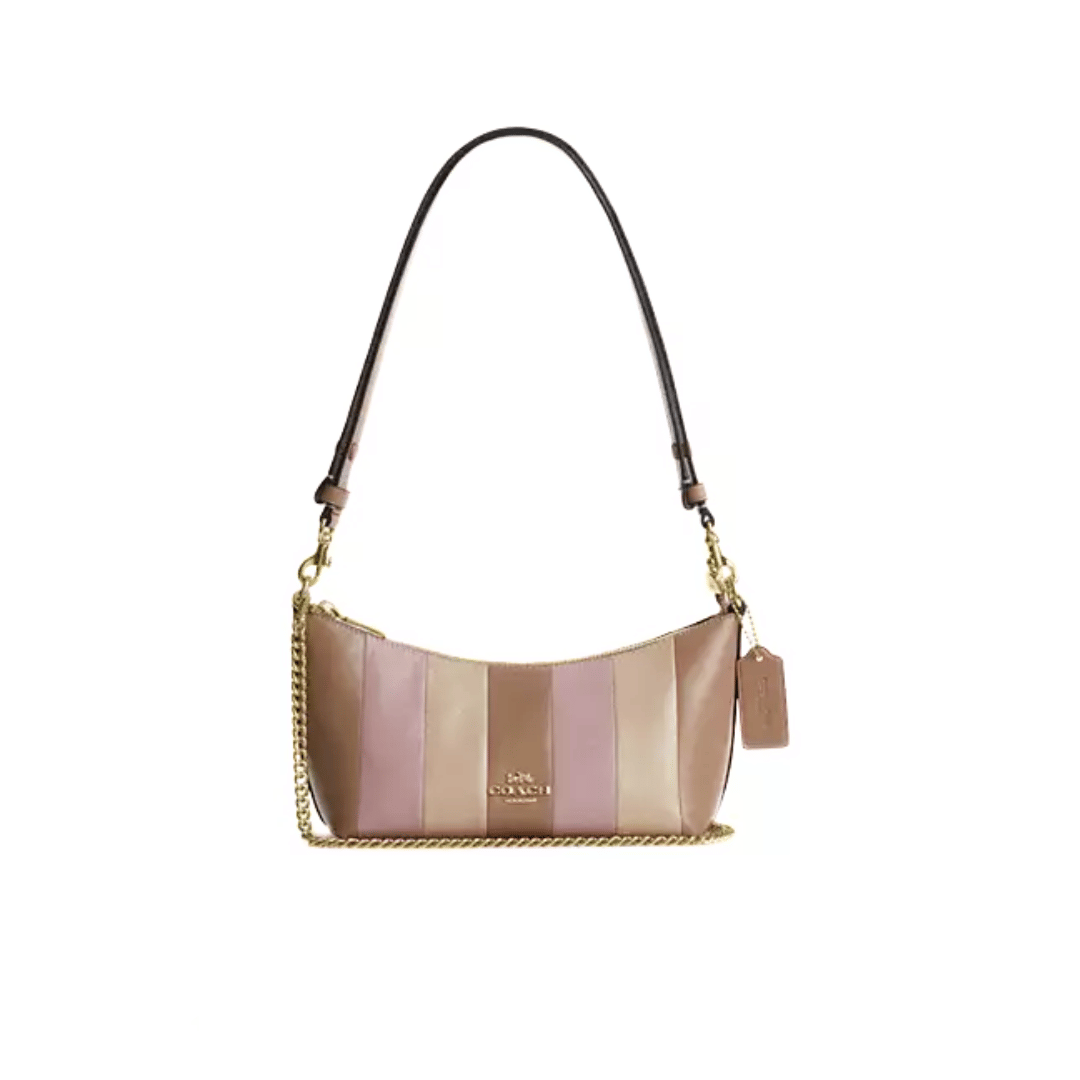 Coach Caitlin Shoulder Bag With Striped Patchwork crinkle leather Gold Taupe Multi