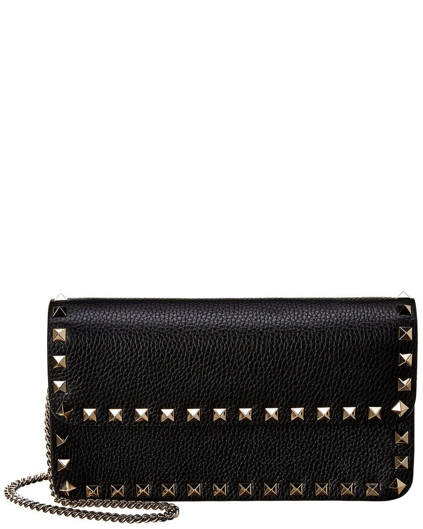 Valentino Rockstud Grainy Leather Wallet On Chain, Black