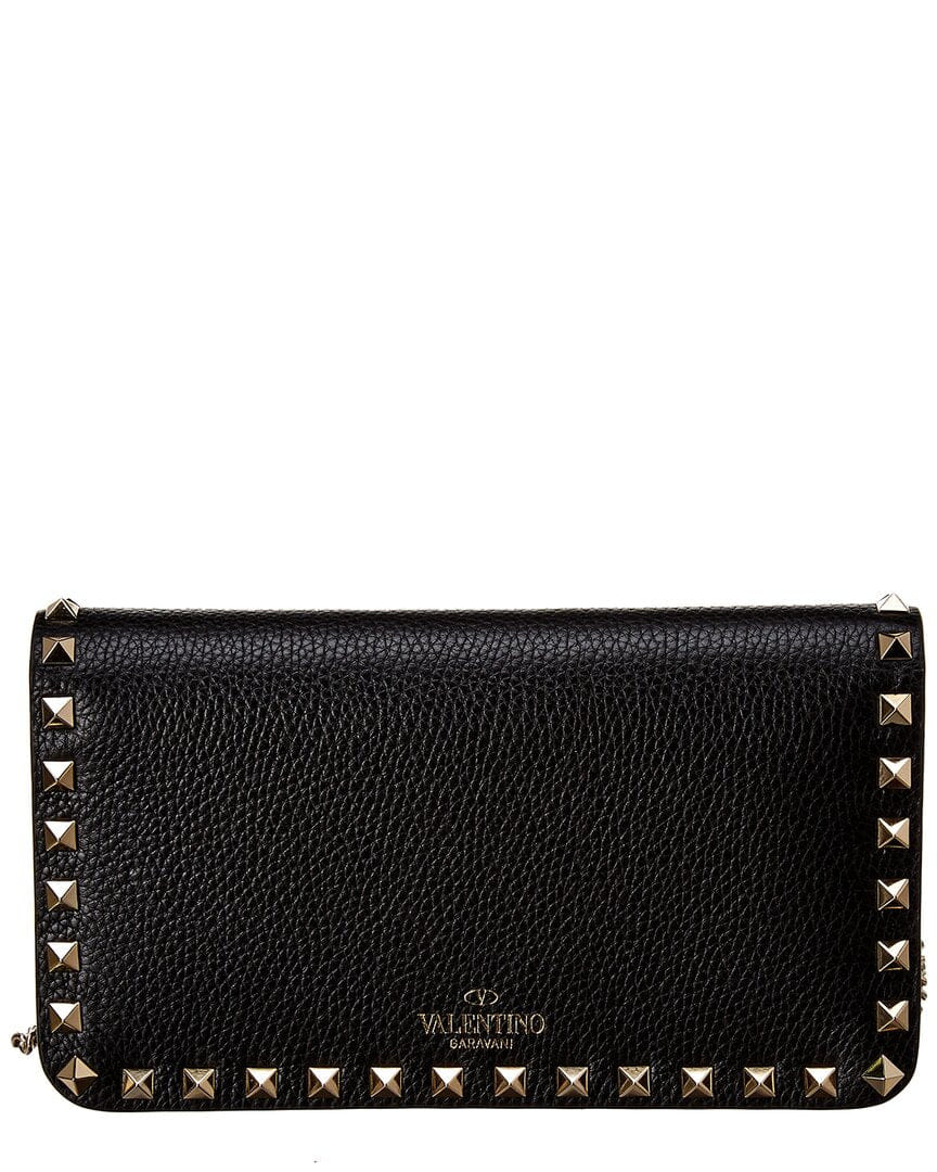 Valentino Rockstud Grainy Leather Wallet On Chain, Black