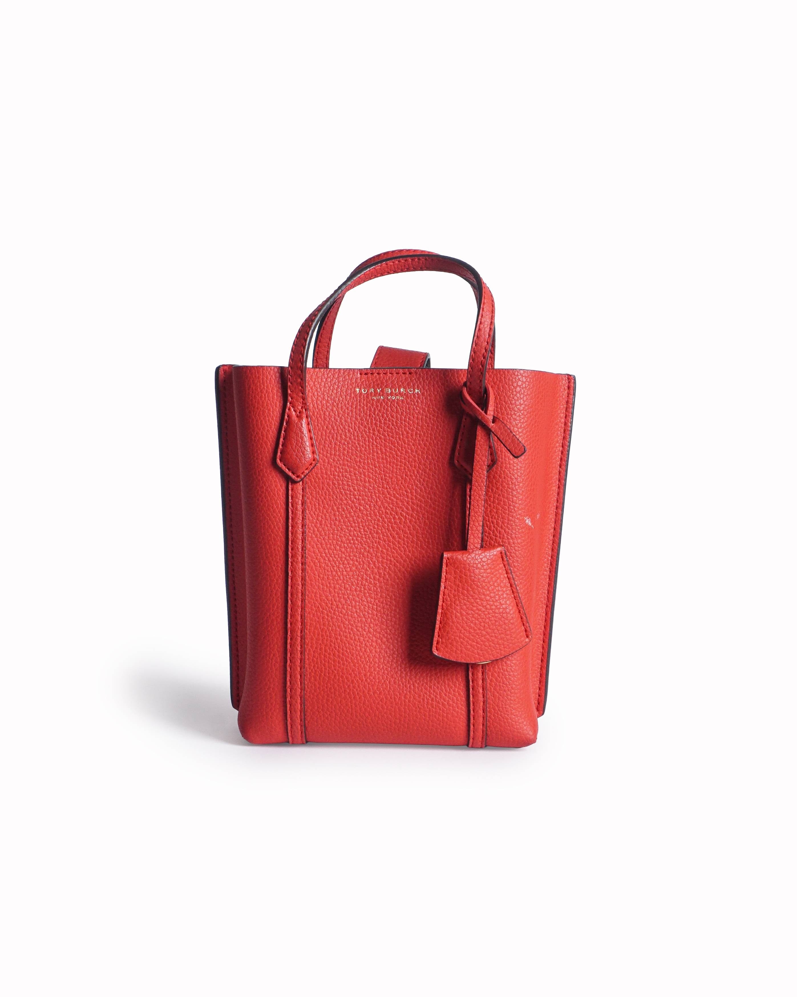 Tory Burch Red Pebbled Leather Perry Mini N/S Crossbody Tote