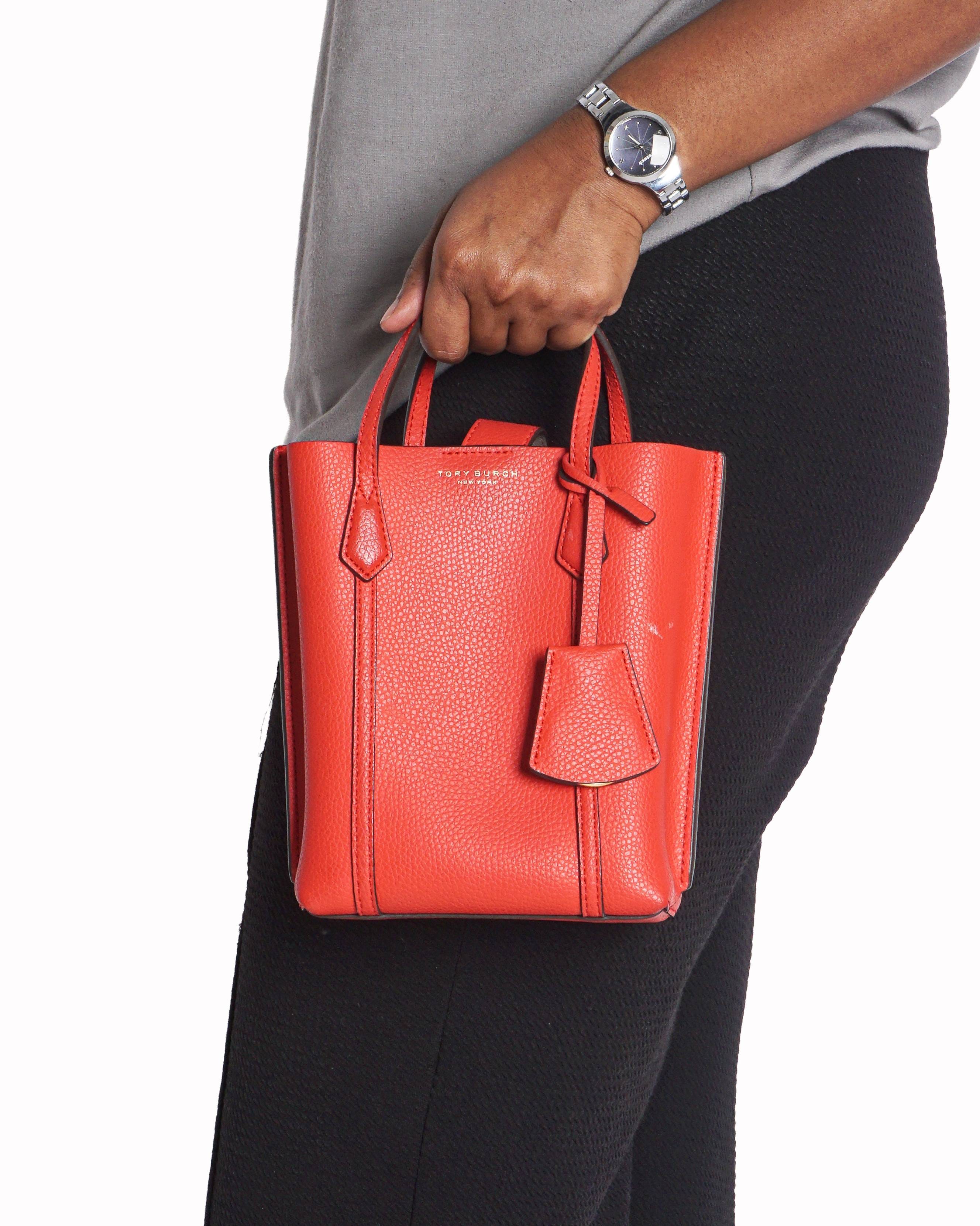 Tory Burch Red Pebbled Leather Perry Mini N/S Crossbody Tote