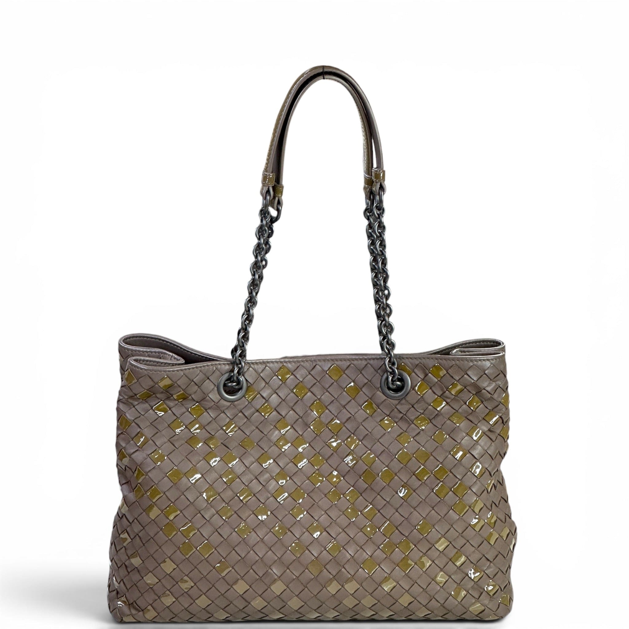 Bottega Veneta Chain Tote Grey Intrecciato Nappa Patent Leather