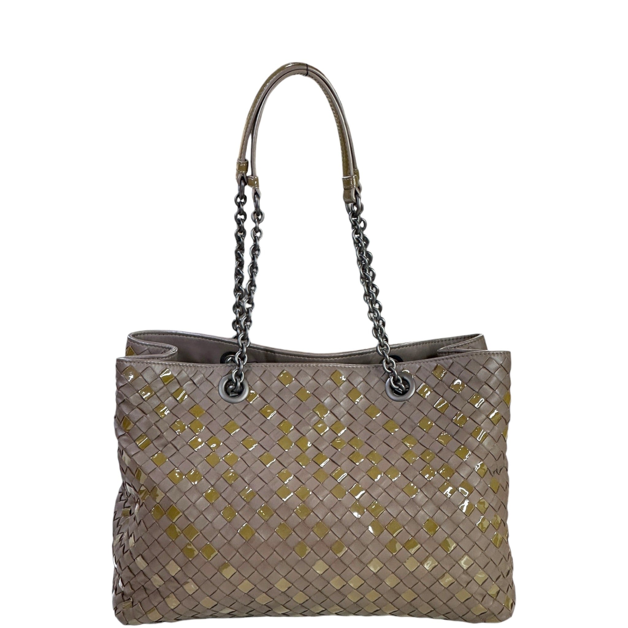 Bottega Veneta Chain Tote Grey Intrecciato Nappa Patent Leather