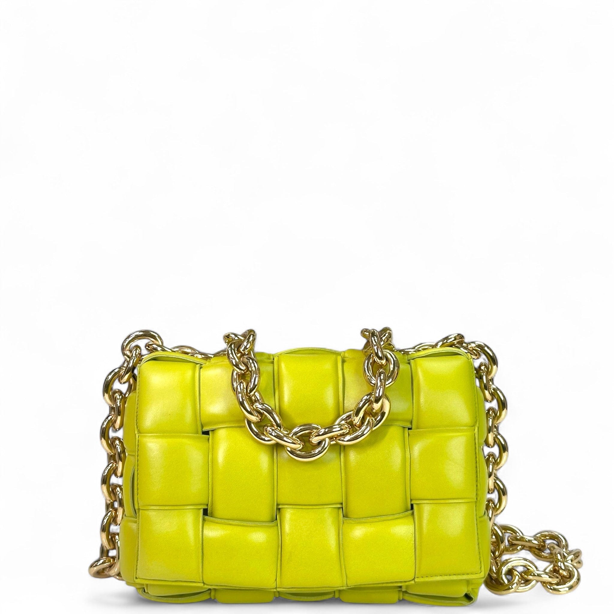 Bottega Veneta Padded Cassette Chain Bag Neon Green Lambskin