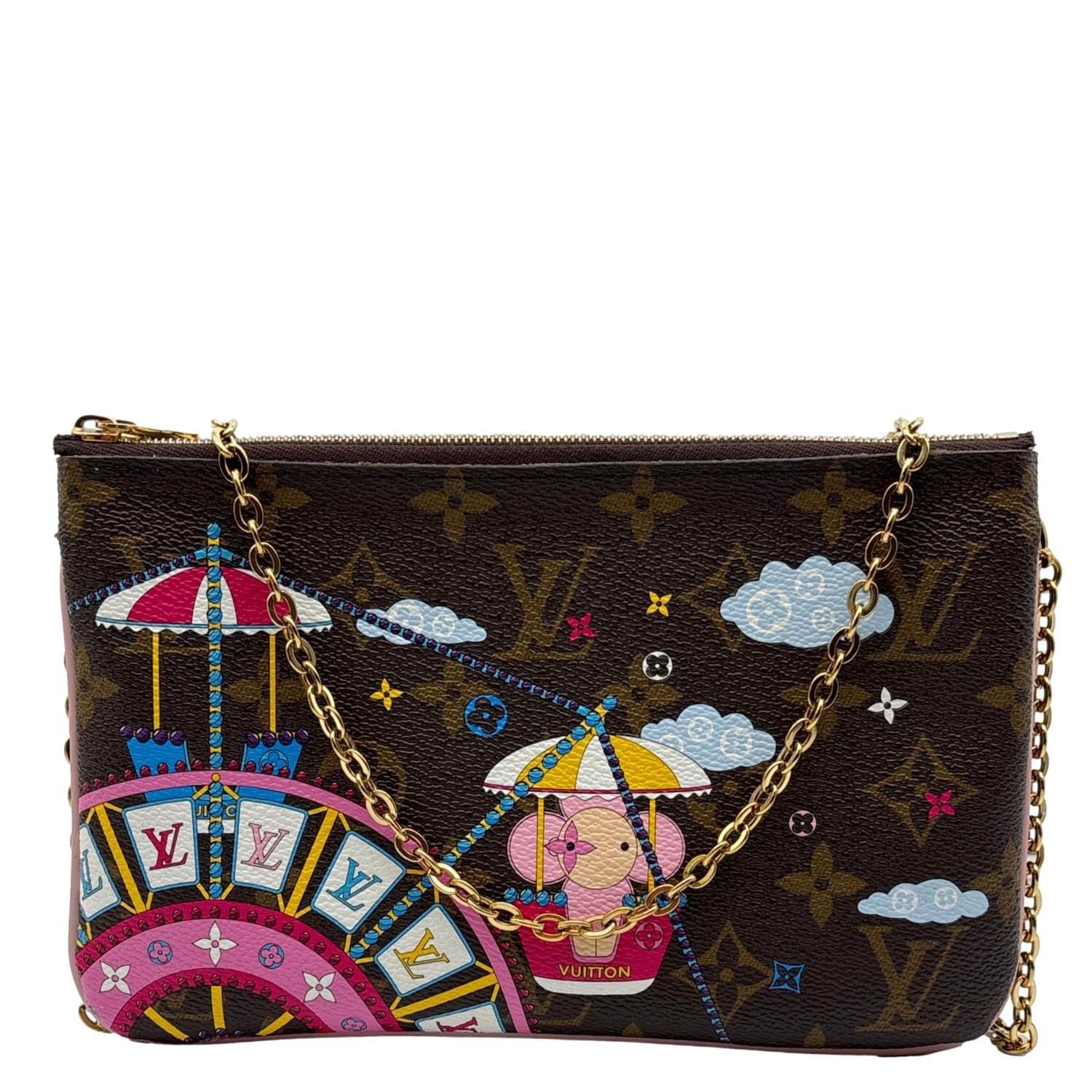 LOUIS VUITTON Christmas Animation Monogram Canvas Double Zip Pochette Bag Brown