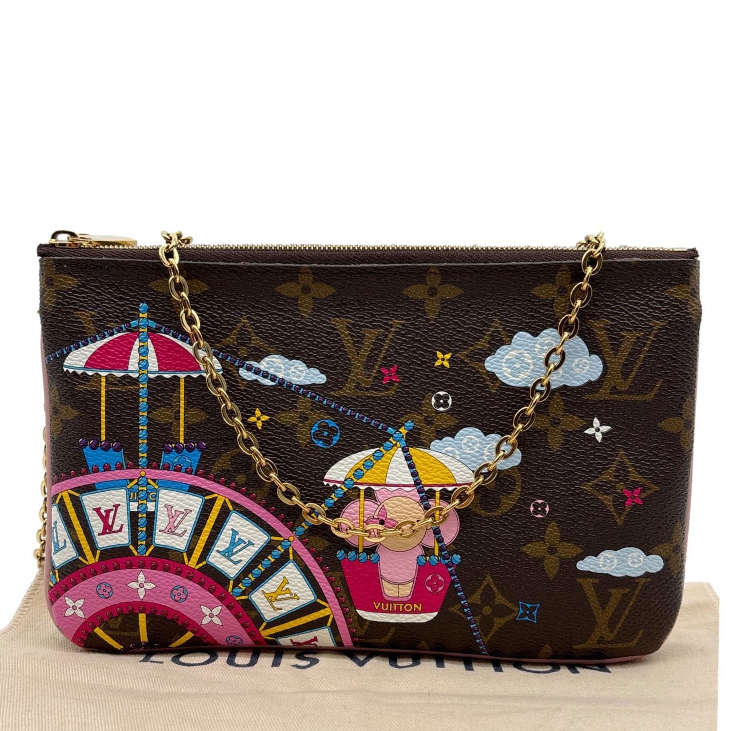 LOUIS VUITTON Christmas Animation Monogram Canvas Double Zip Pochette Bag Brown