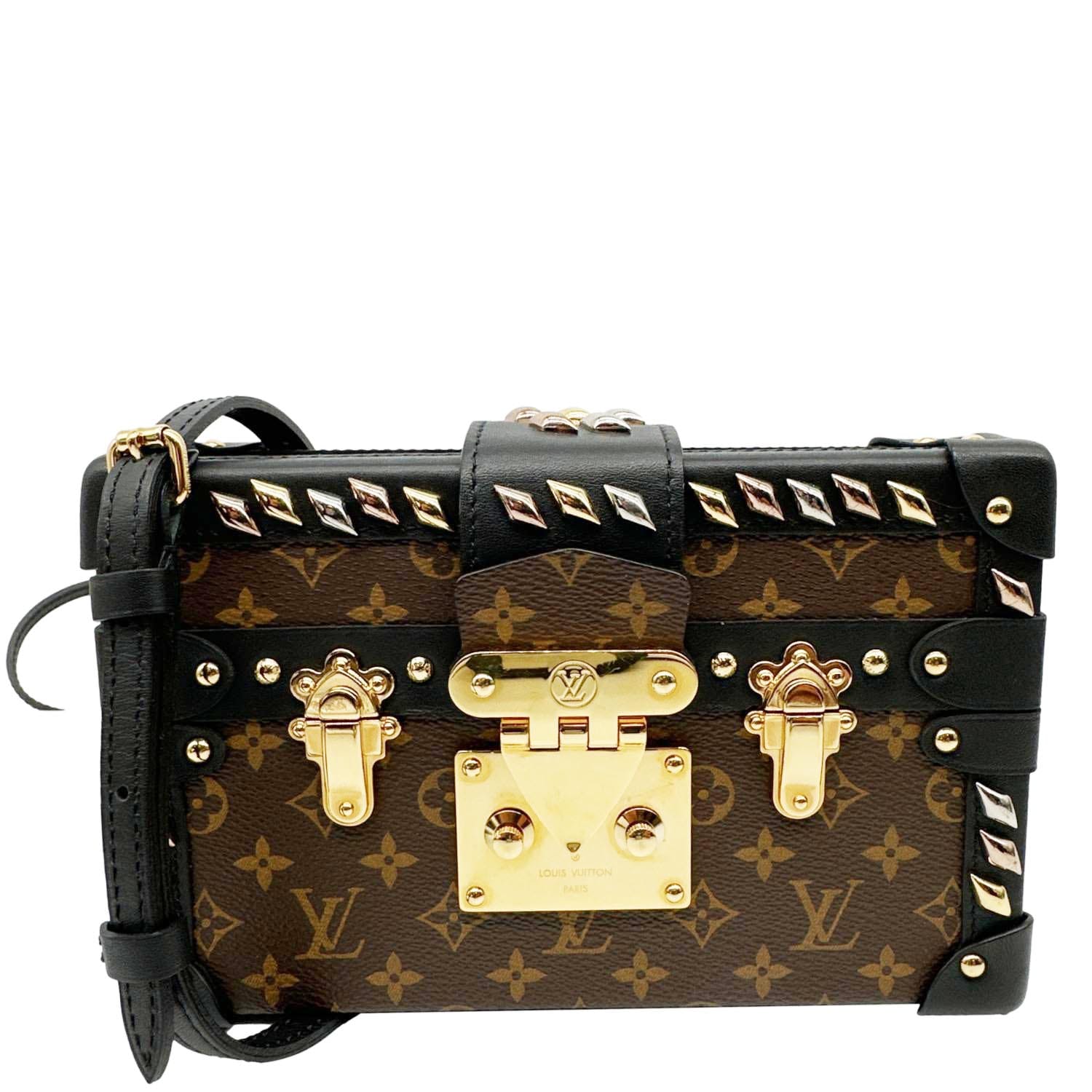 LOUIS VUITTON Studded Petite Malle Monogram Canvas Shoulder Bag Brown