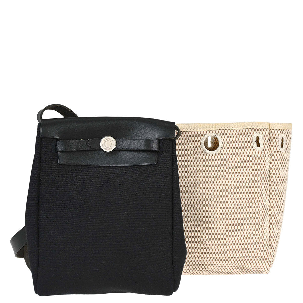 Hermes 2004 Black Natural Toile Officier GM Herbag TPM 2 in 1 Shoulder Bag