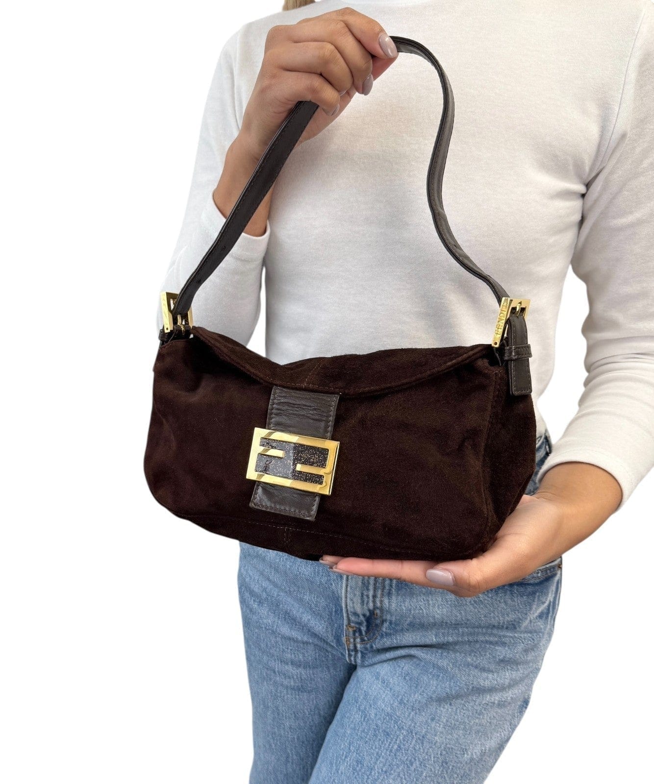 FENDI Vintage FF Logo Mamma Baguette Shoulder Bag Handbag Brown Gold Suede