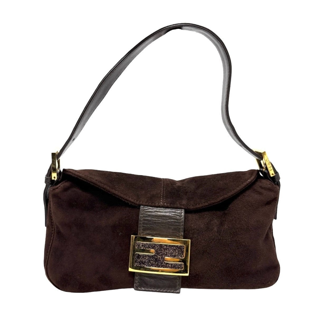 FENDI Vintage FF Logo Mamma Baguette Shoulder Bag Handbag Brown Gold Suede