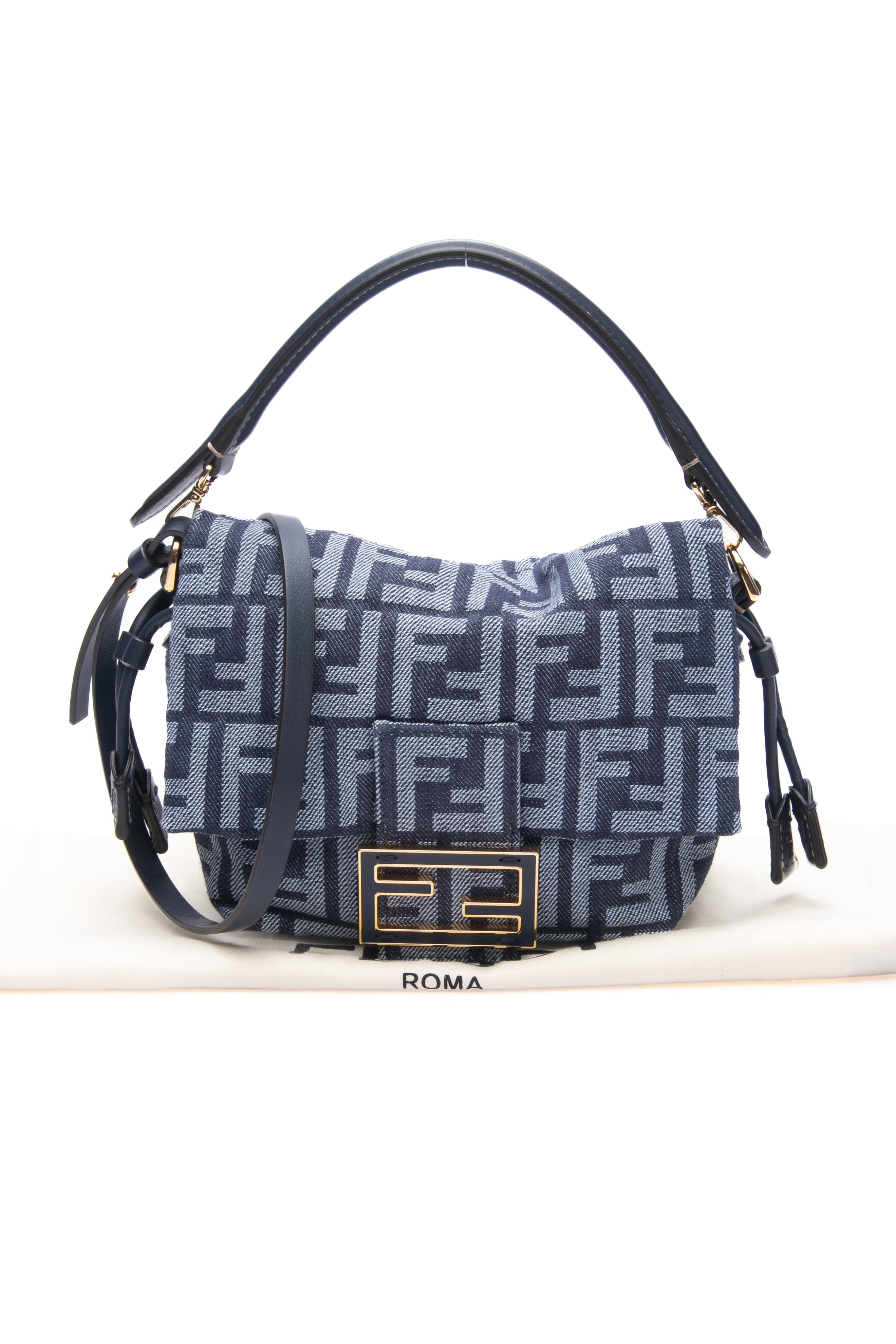 FENDI Blue Denim Mamma Baguette Small Crossbody Bag