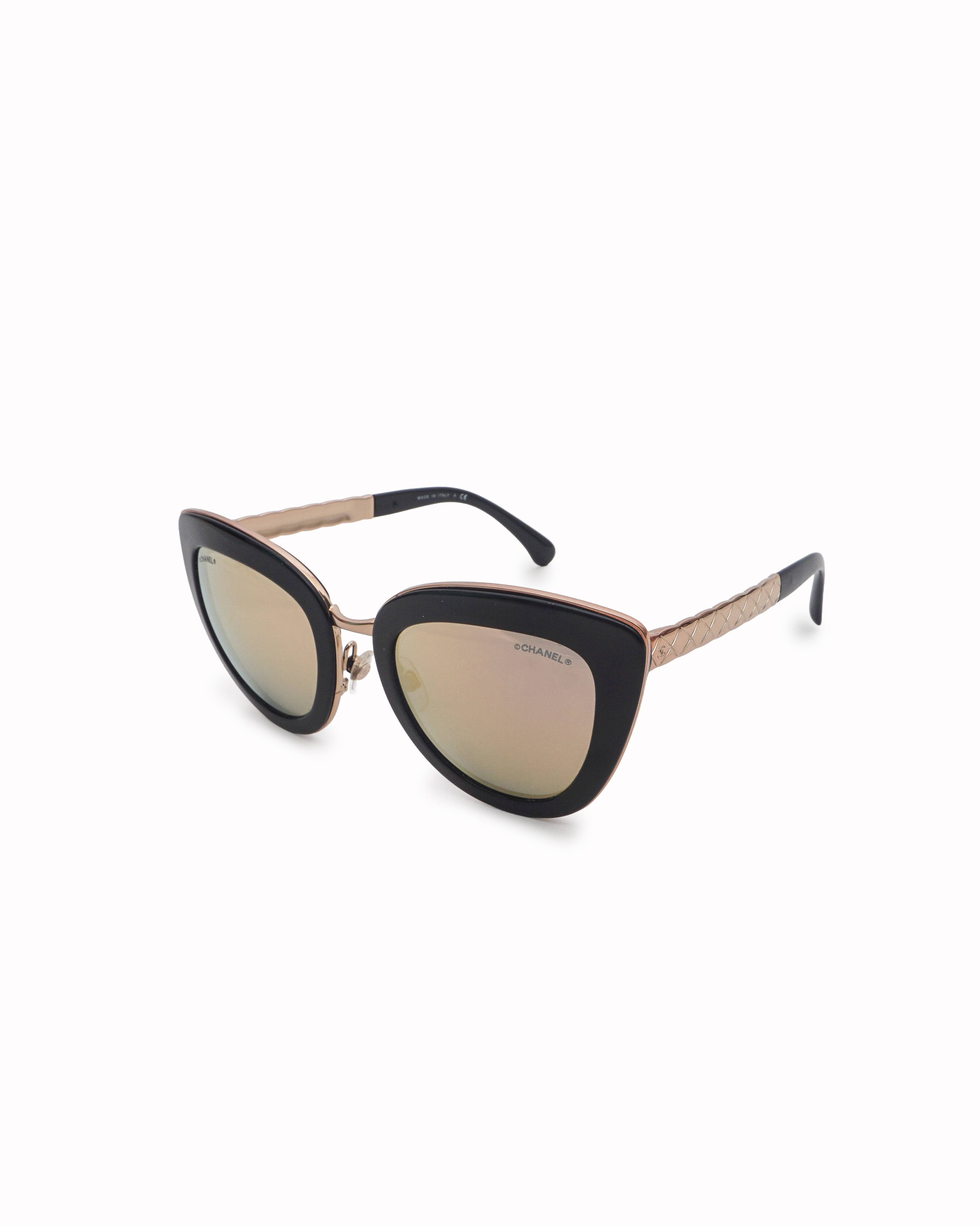 Chanel Black Acetate & Rose - Gold Quilted Metal Cat - Eye Sunglasses