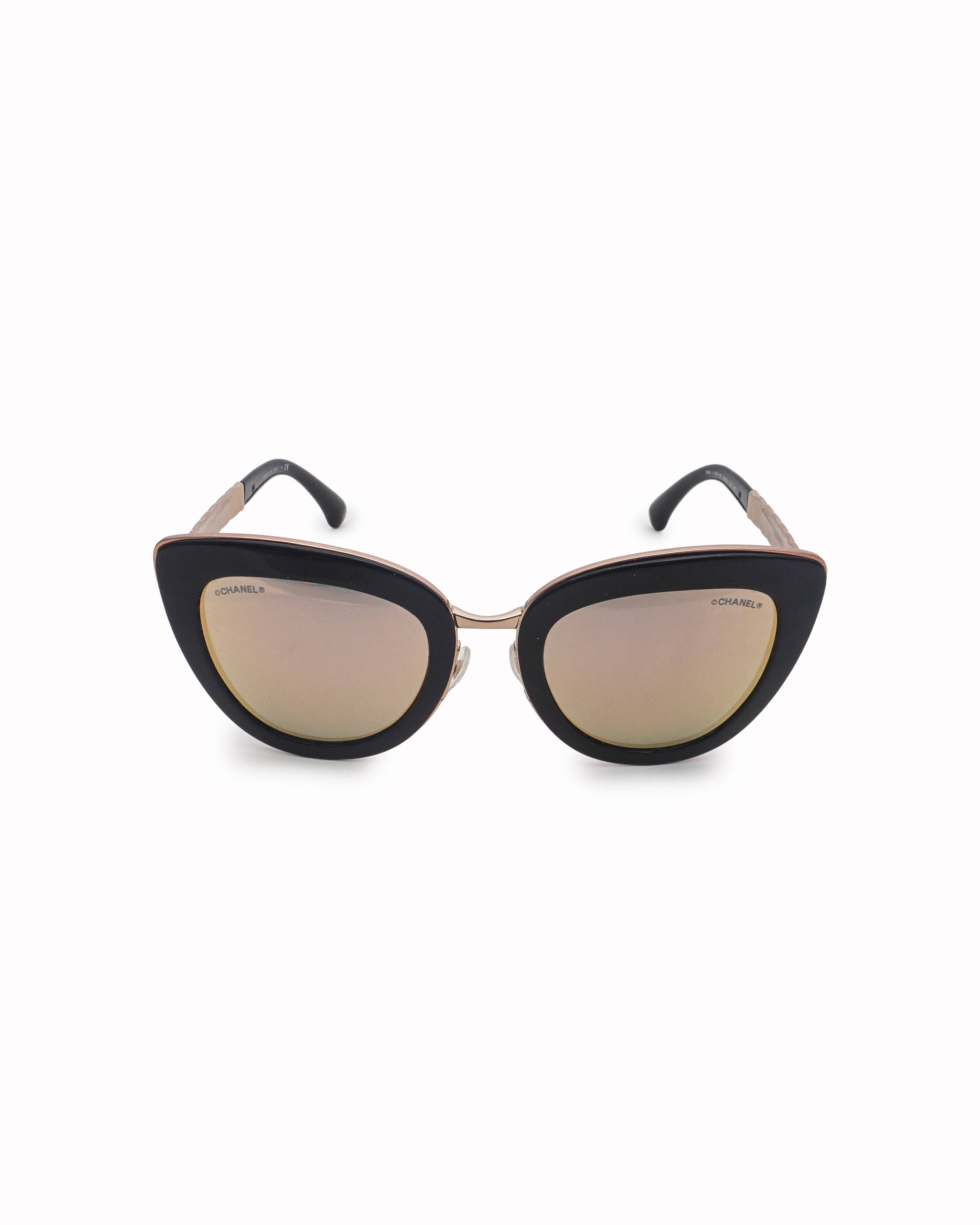 Chanel Black Acetate & Rose - Gold Quilted Metal Cat - Eye Sunglasses