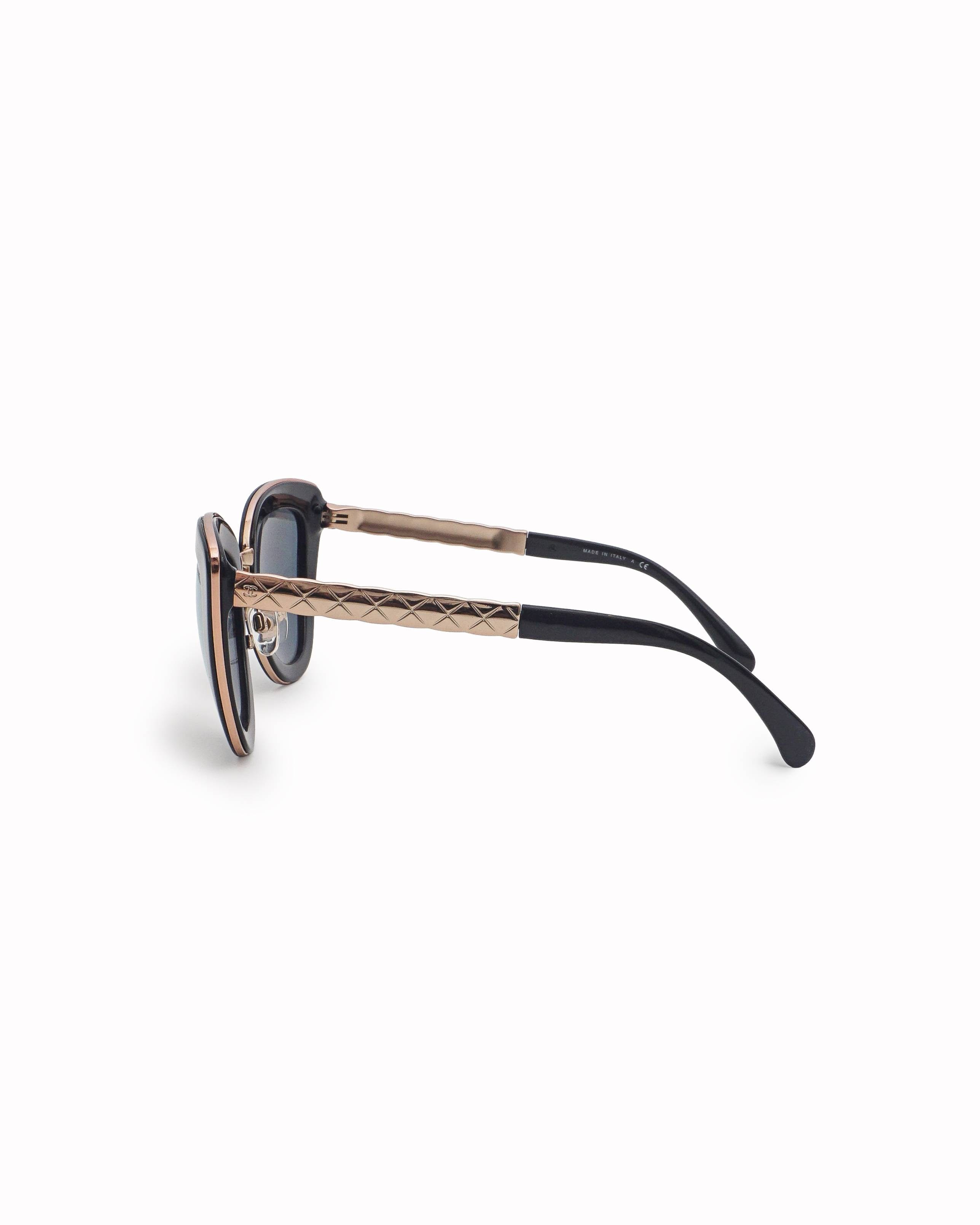 Chanel Black Acetate & Rose - Gold Quilted Metal Cat - Eye Sunglasses