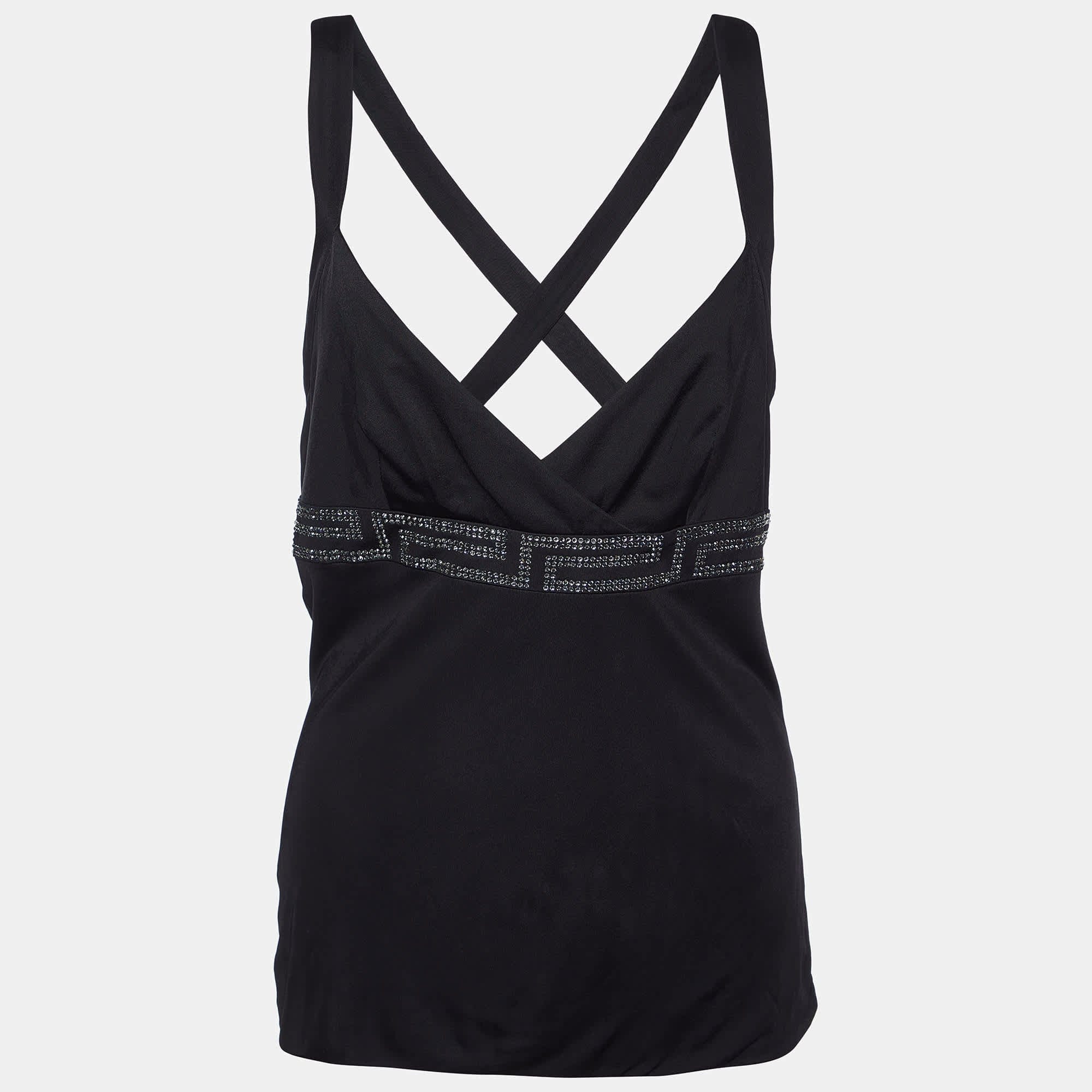 Versace Black Jersey Crystal Greca Embellished Tank Top