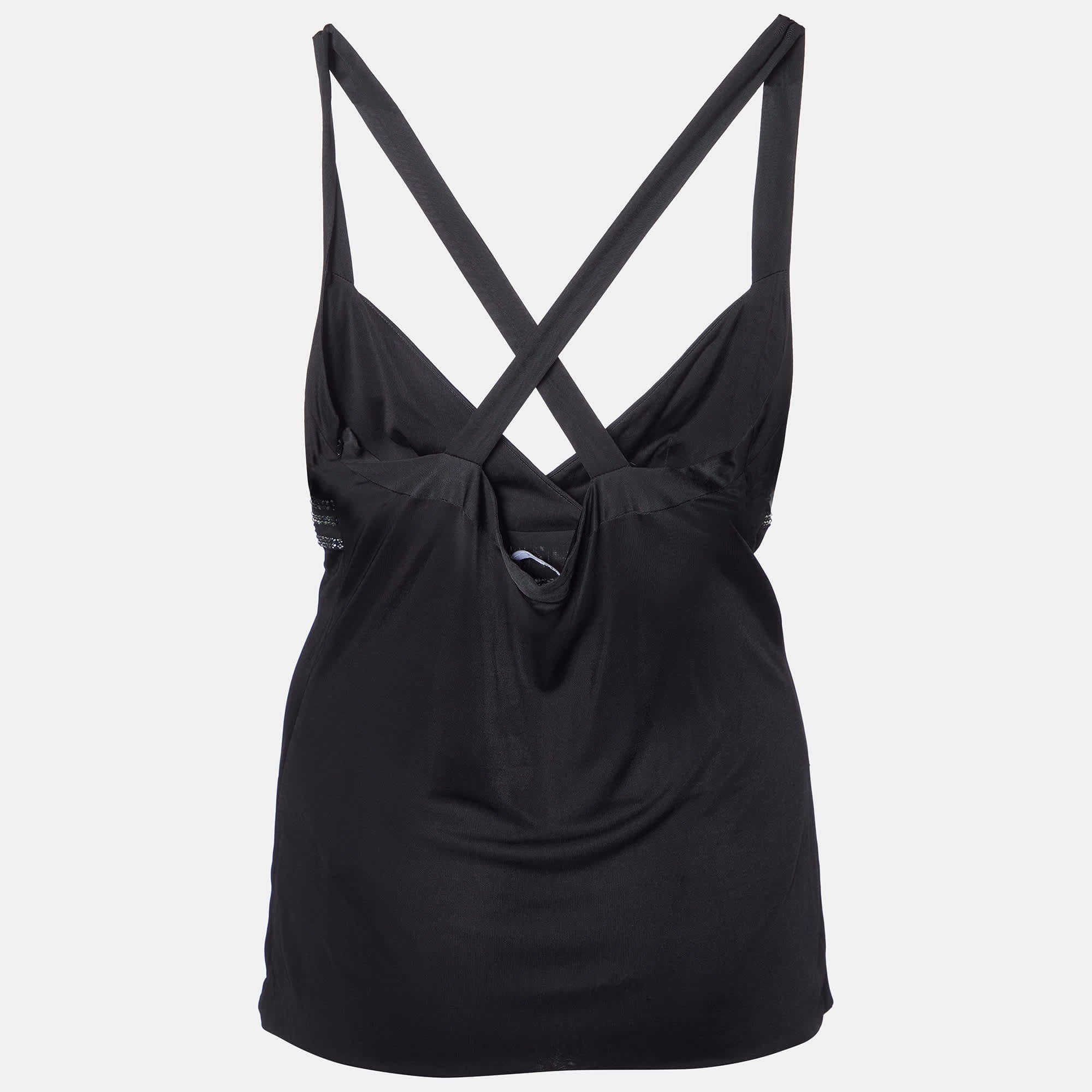Versace Black Jersey Crystal Greca Embellished Tank Top
