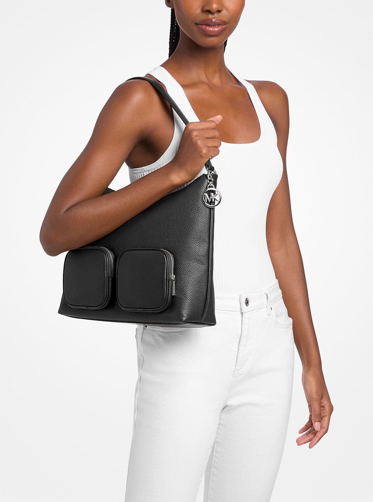Michael Kors Merritt Large Pebbled Leather Cargo Shoulder Bag Black