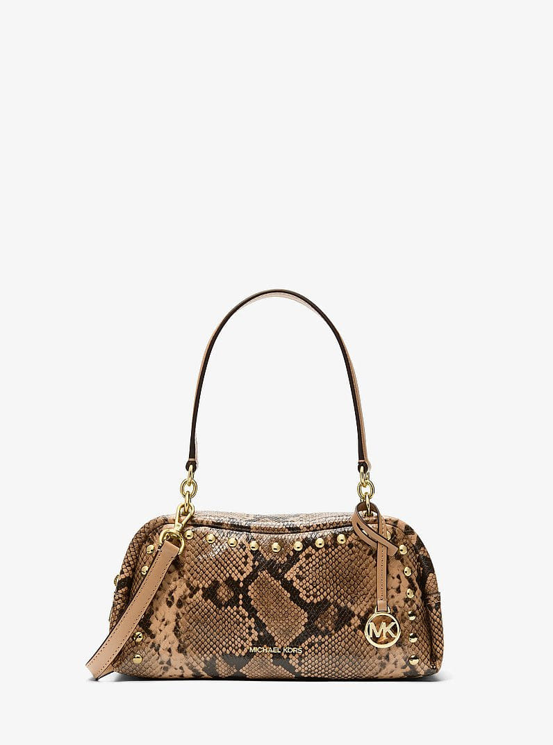 Michael Kors Cecily Small Studded Snake Embossed Shoulder Bag Camel
