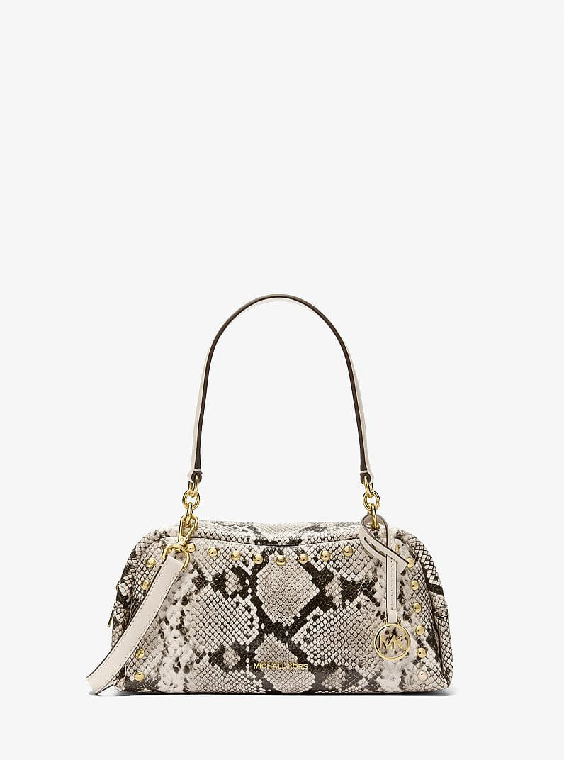Michael Kors Cecily Small Studded Snake Embossed Shoulder Bag Lt Cream