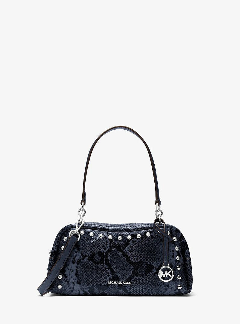 Michael Kors Cecily Small Studded Snake Embossed Shoulder Bag Navy